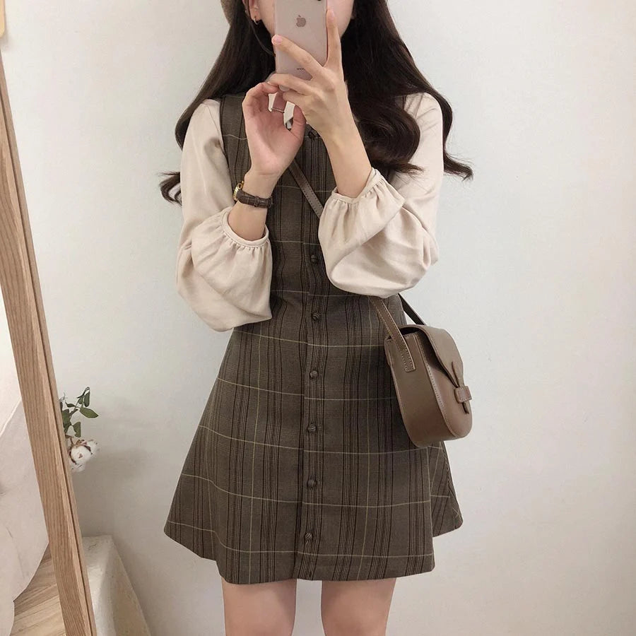 Dark Academia Preppy Plaid Shirt Dress - A-Line Spring