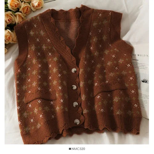 Dark Academia Vintage Print Vest - V-Neck Loose