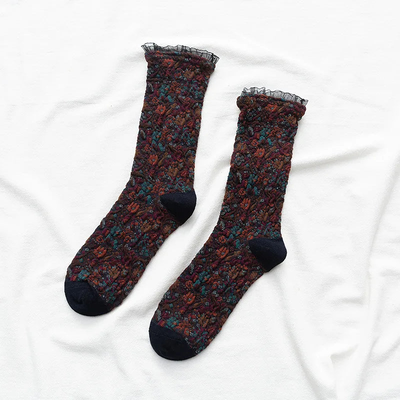 Dark Academia Ethnic Lacework Ruffle Crew Socks