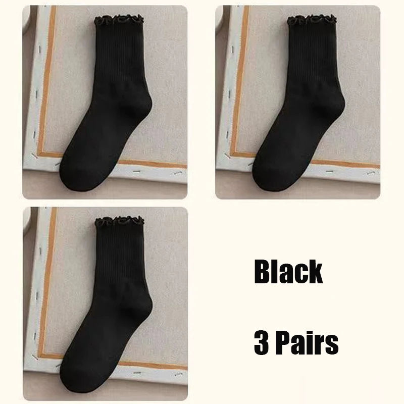 Dark Academia Ruffle Cotton Tube Socks 3-Pack