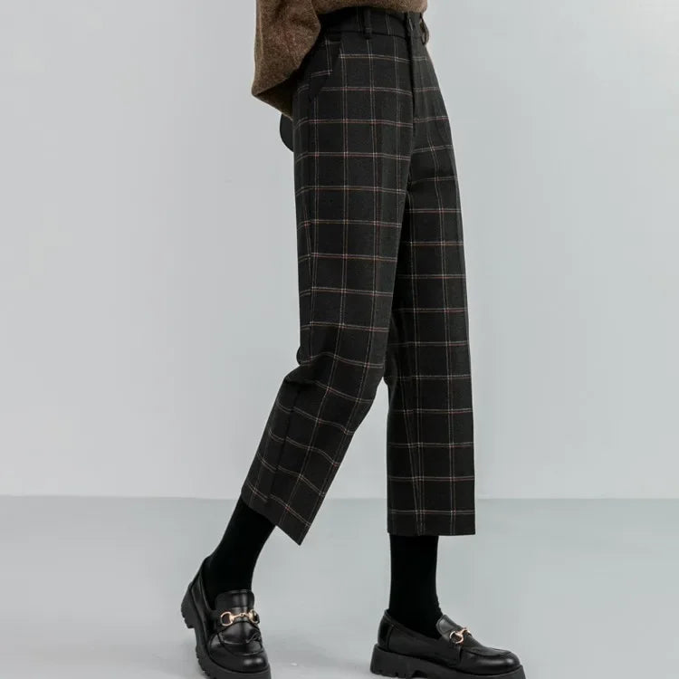 Dark Academia Plaid Woolen Pants - Straight Leg Trousers