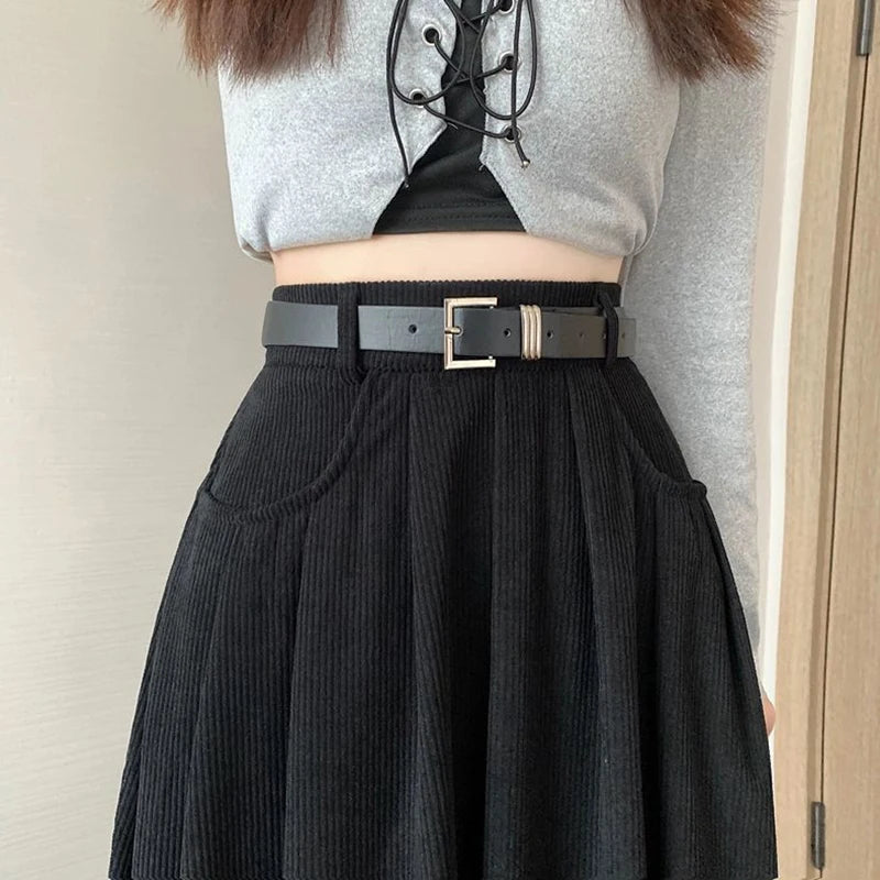 Dark Academia Corduroy Pleated Skirt - High Waist Midi