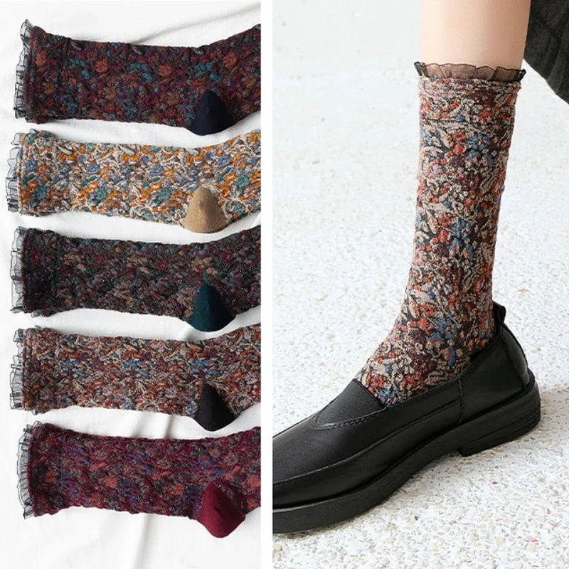 Dark Academia Ethnic Lacework Ruffle Crew Socks