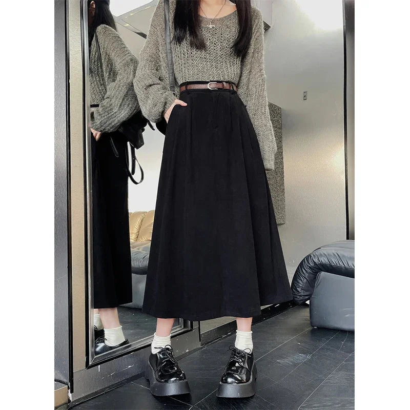 Dark Academia Corduroy Midi Skirt - High Waist Belt Style