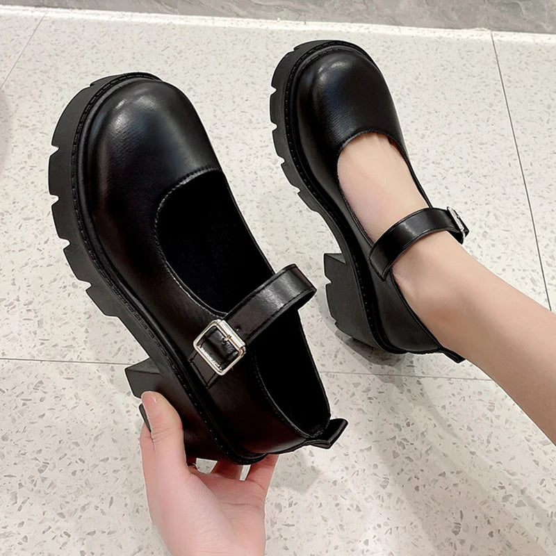 Dark Academia Buckle Platform Pumps - Black Thick
