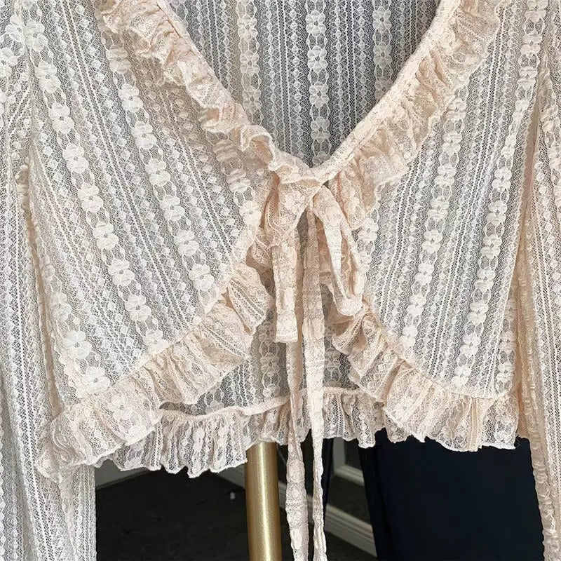 Dark Academia Mesh Ruffles Blouse - Vintage Crop