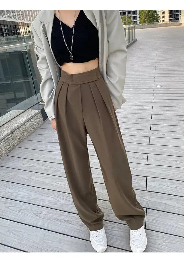 Dark Academia Brown Wide Leg Suit Pants - High Waist Vintage