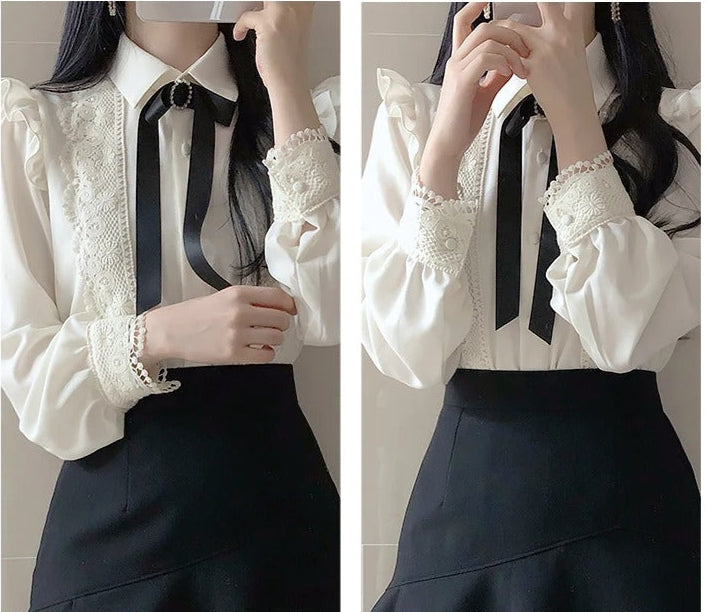 Dark Academia Peter Pan Collar Blouse - Ruffled