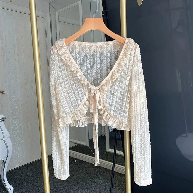 Dark Academia Mesh Ruffles Blouse - Vintage Crop