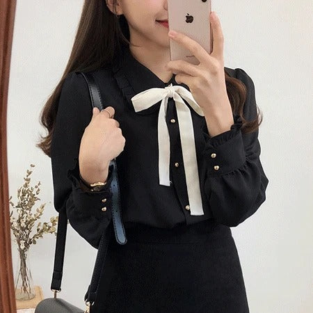 Dark Academia Chiffon Bow Tie Blouse - Preppy