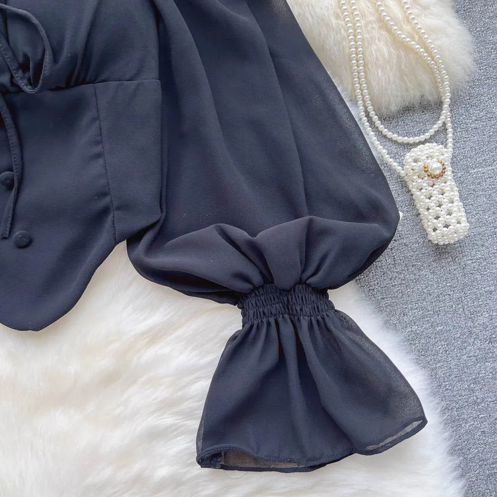 Dark Academia Flare Sleeve Top - Ruffle Backless