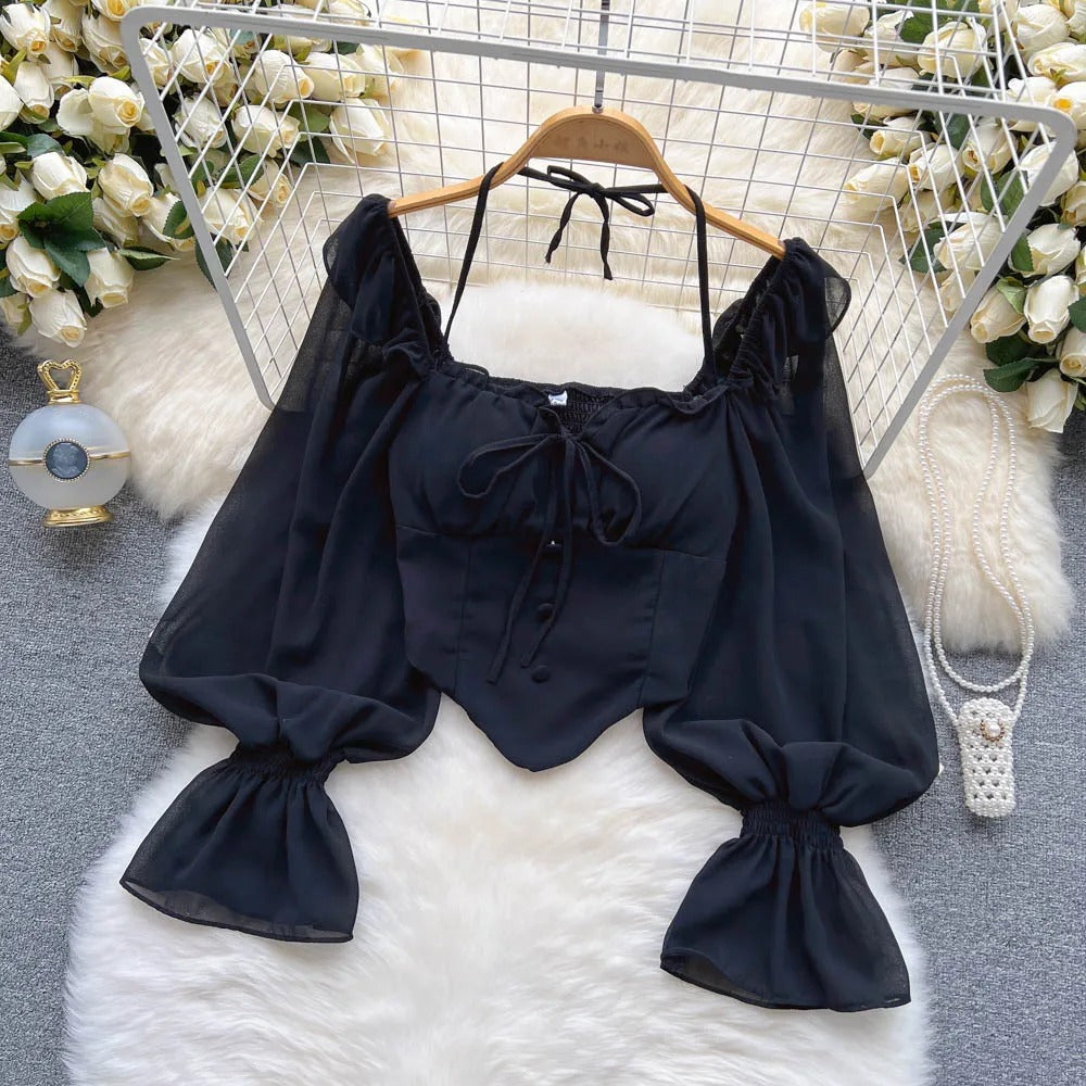 Dark Academia Flare Sleeve Top - Ruffle Backless