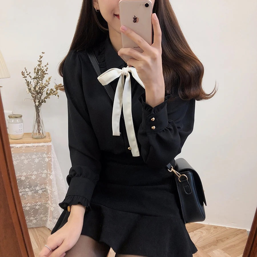 Dark Academia Chiffon Bow Tie Blouse - Preppy