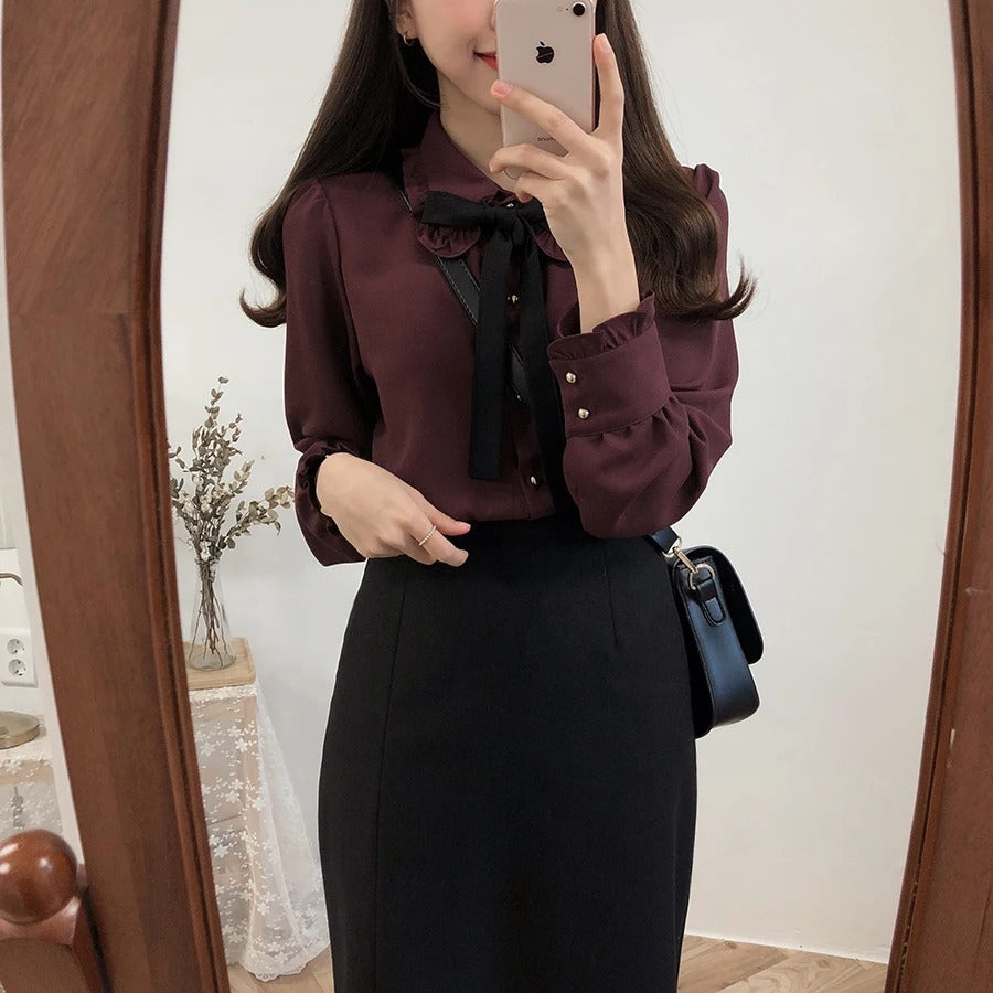 Dark Academia Chiffon Bow Tie Blouse - Preppy