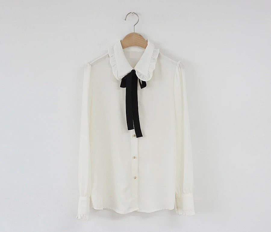 Dark Academia Chiffon Bow Tie Blouse - Preppy