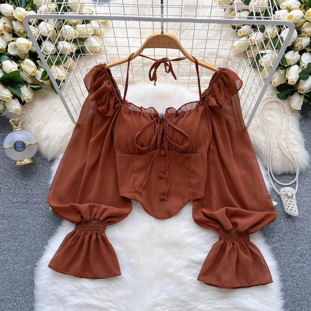 Dark Academia Flare Sleeve Top - Ruffle Backless