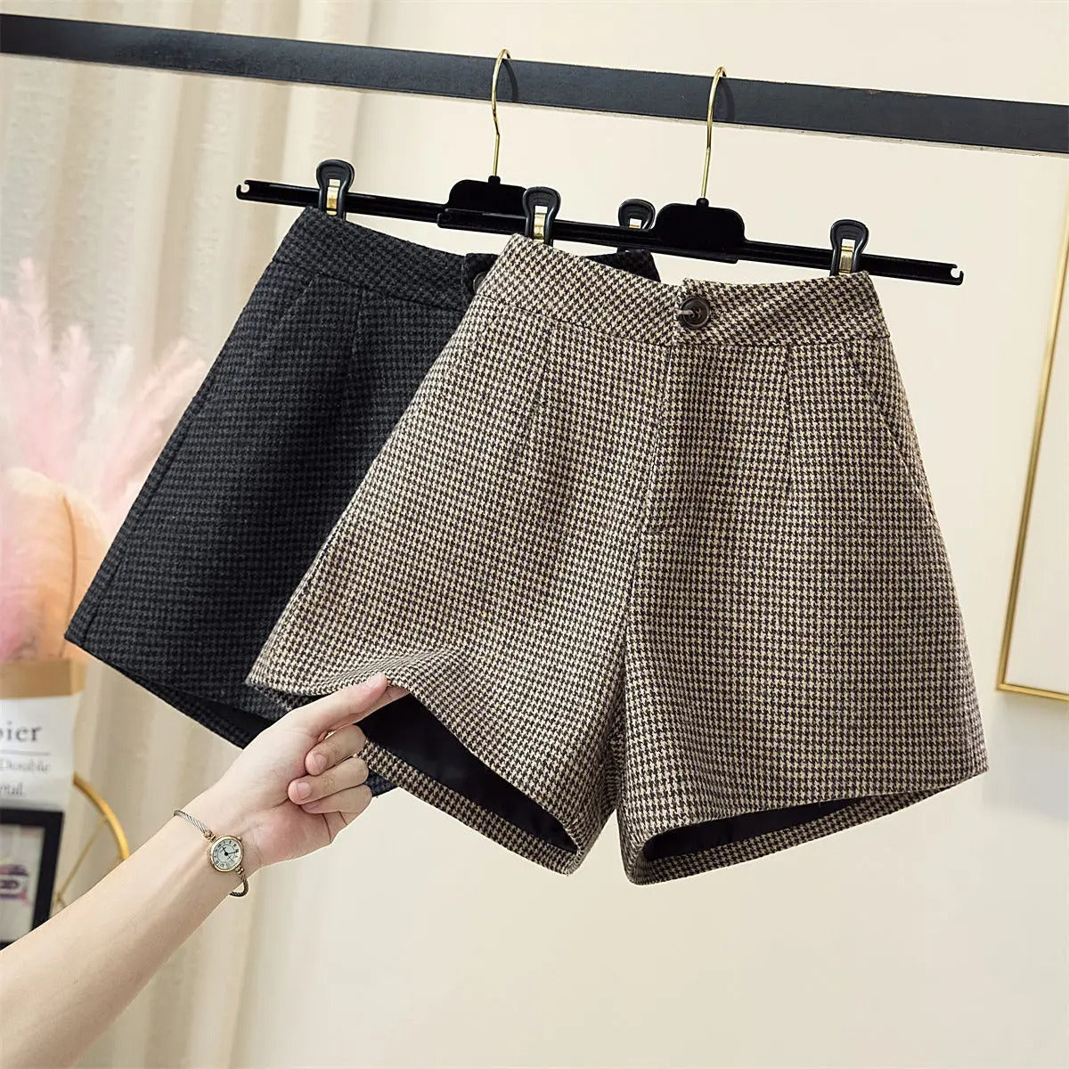 Dark Academia Houndstooth Shorts - Vintage Warm