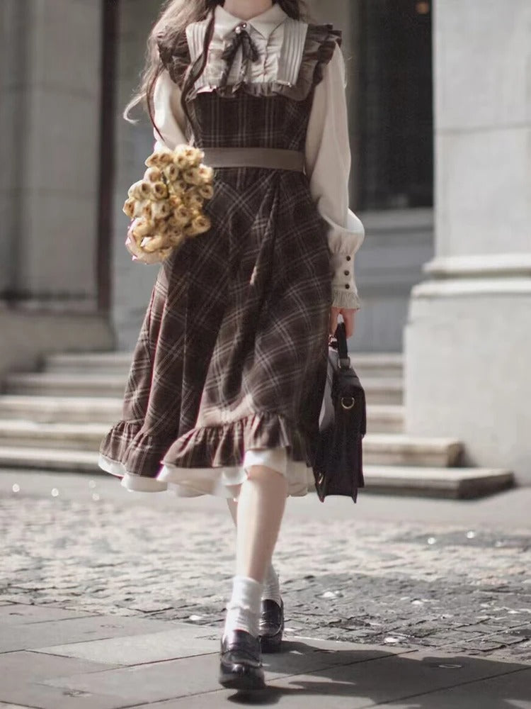 Dark Academia Two-Piece Style Dress - Plaid Bow Vintage