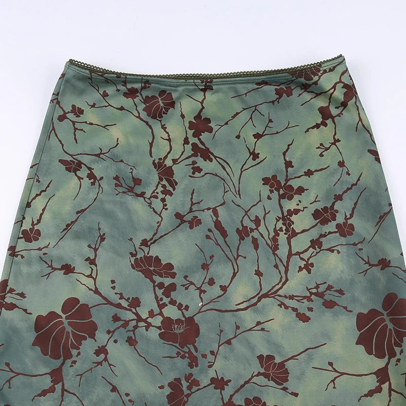 Dark Academia Green Floral Skirt - Vintage Mid-Calf Style