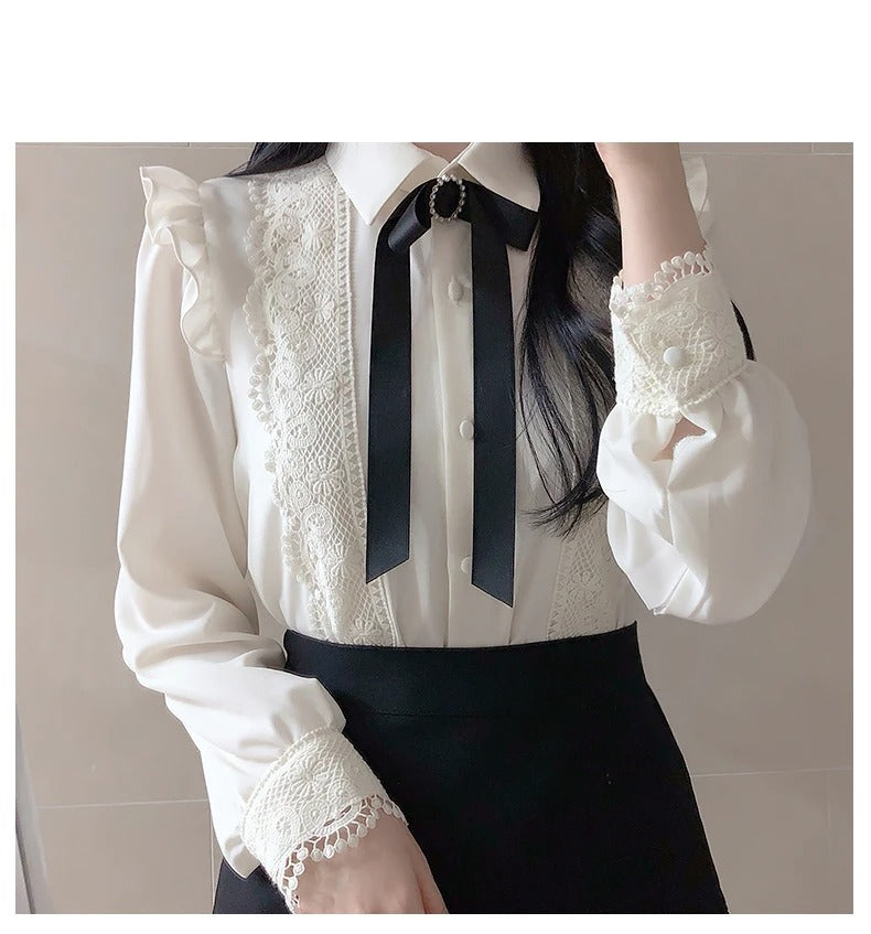 Dark Academia Peter Pan Collar Blouse - Ruffled