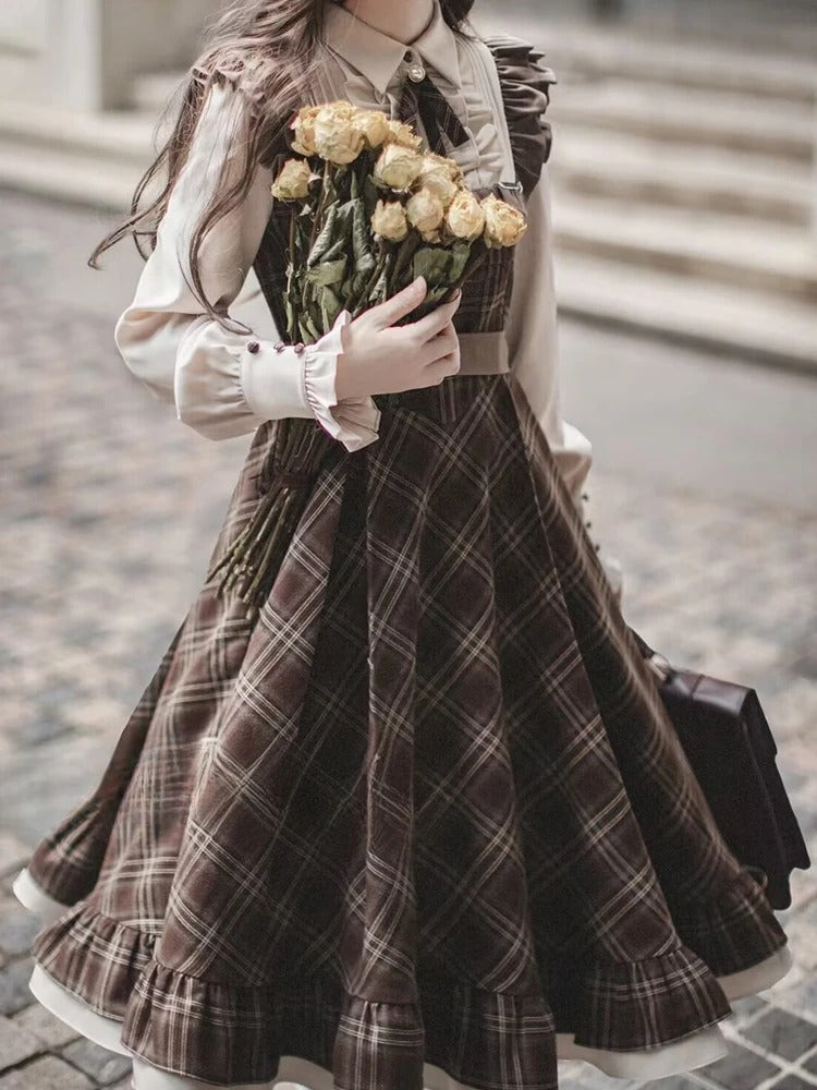Dark Academia Two-Piece Style Dress - Plaid Bow Vintage