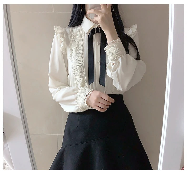 Dark Academia Peter Pan Collar Blouse - Ruffled