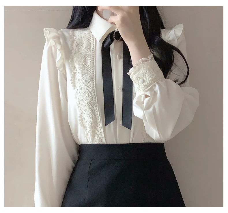 Dark Academia Peter Pan Collar Blouse - Ruffled