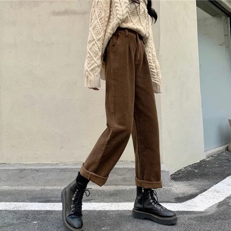 Dark Academia Corduroy Wide Leg Pants - High Waist Black