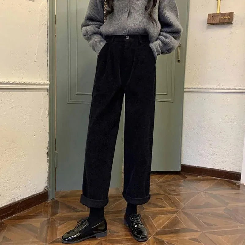 Dark Academia Corduroy Wide Leg Pants - High Waist Black