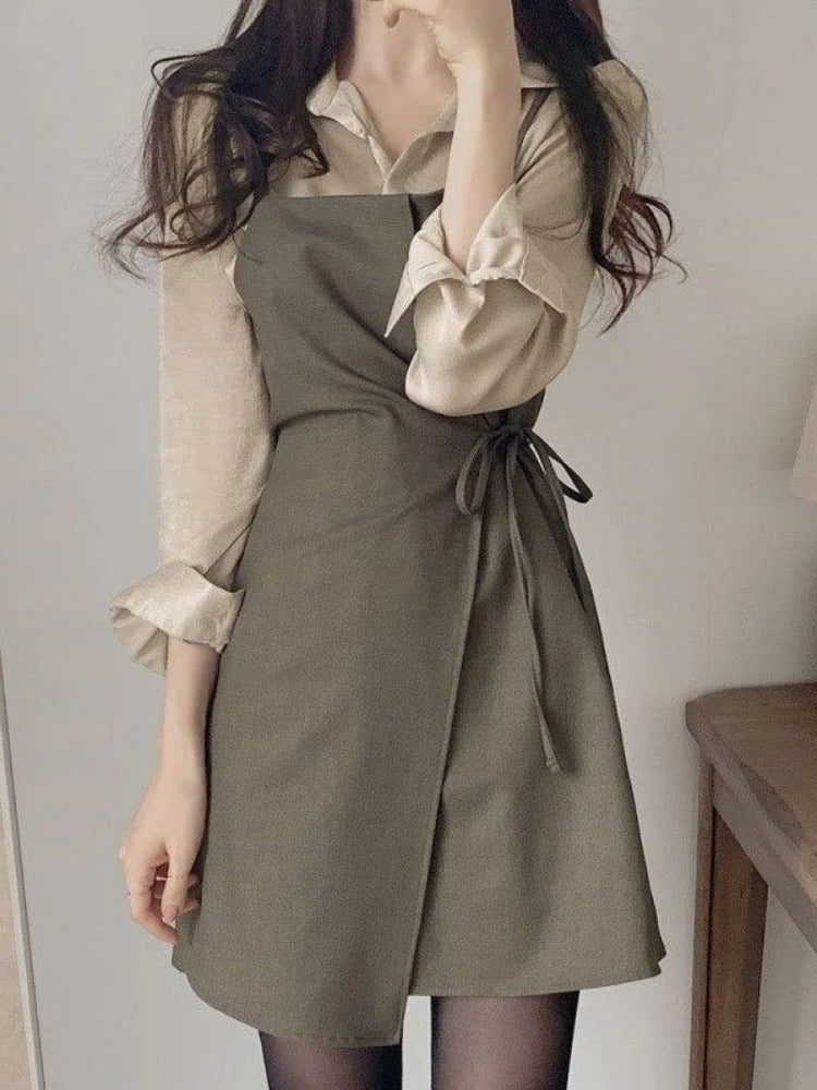 Dark Academia Two-Piece Chic Outfit - Button Shirt Dress