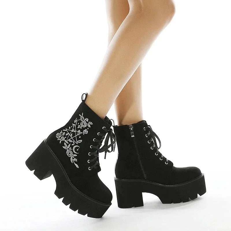 Dark Academia Platform Boots - Gothic Lace Up