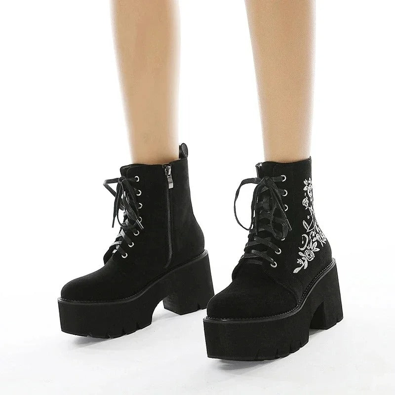 Dark Academia Platform Boots - Gothic Lace Up