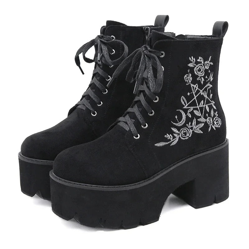 Dark Academia Platform Boots - Gothic Lace Up