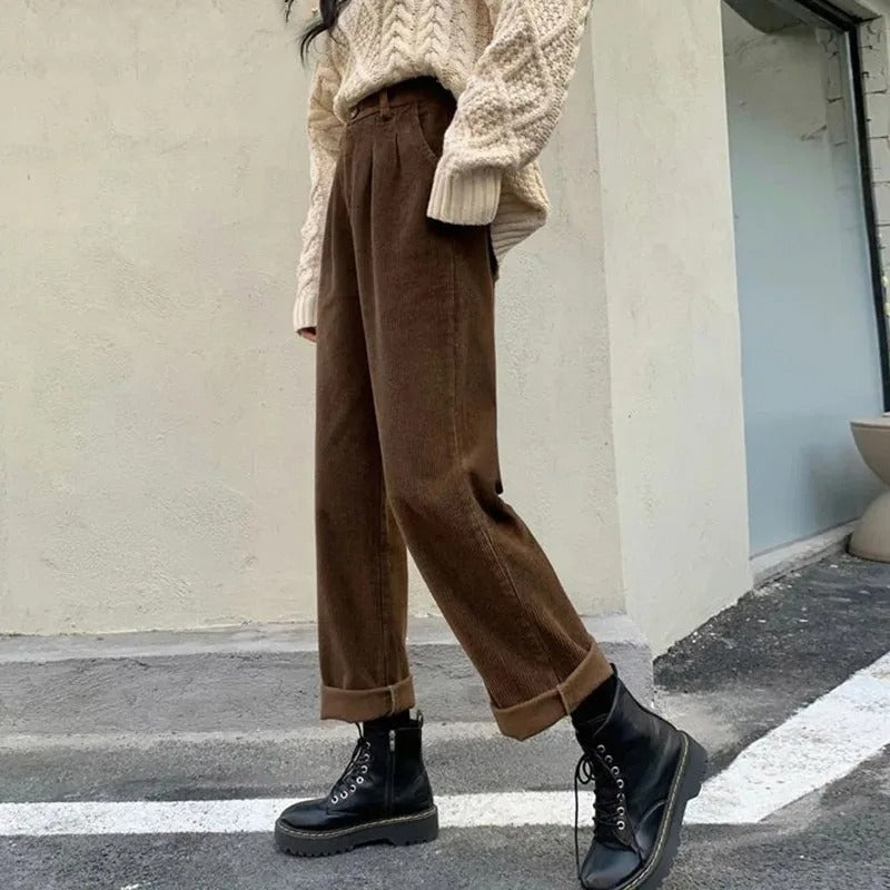 Dark Academia Corduroy Wide Leg Pants - High Waist Black