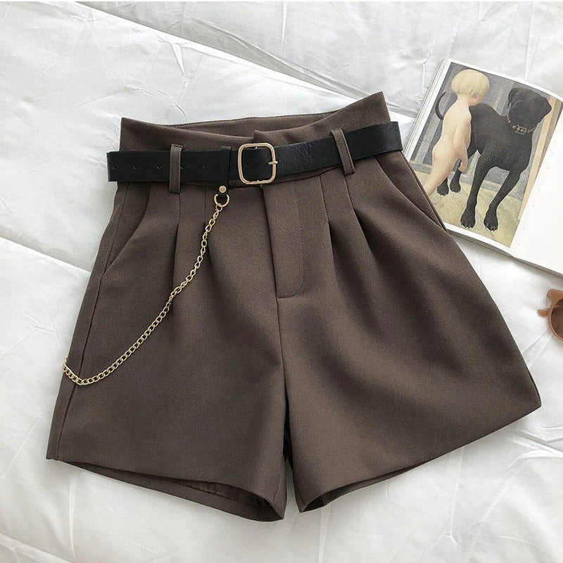 Dark Academia Woolen Shorts - Belt A-Line Slim