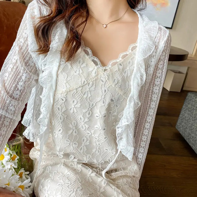 Dark Academia Mesh Ruffles Blouse - Vintage Crop