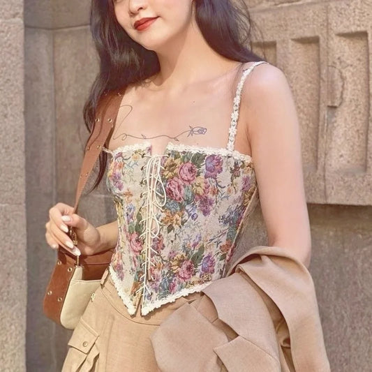 Dark Academia Floral Corset Top - French Vintage