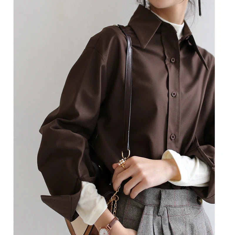 Dark Academia Coffee Blouse - Loose Office Style