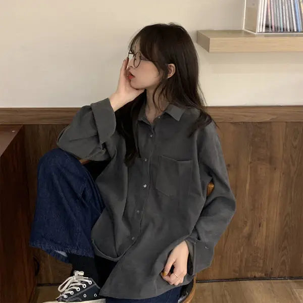Dark Academia Solid Pocket Shirt - Loose Casual