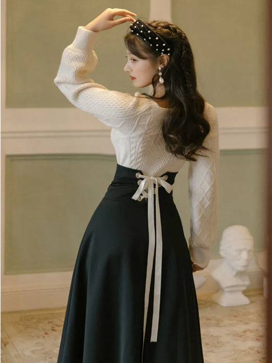 Dark Academia Two-Piece Winter Set - White Sweater Black