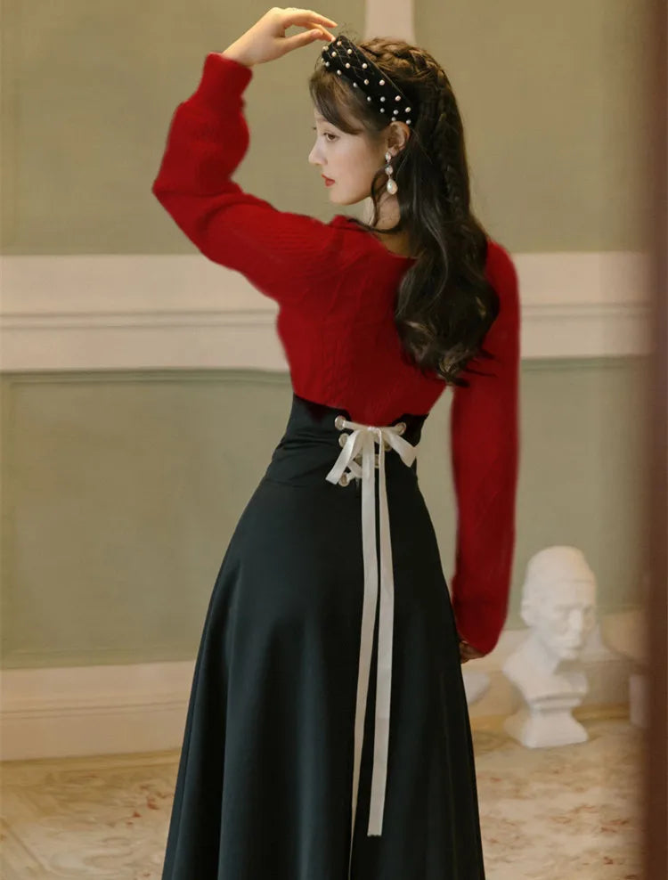 Dark Academia Two-Piece Winter Set - White Sweater Black