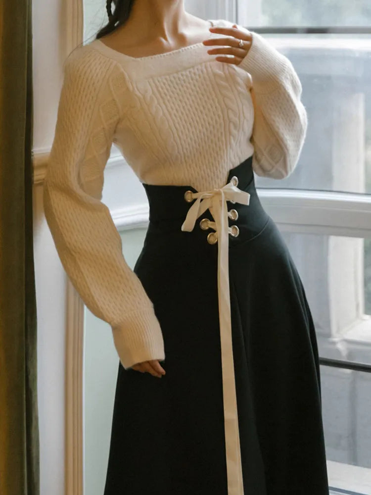 Dark Academia Two-Piece Winter Set - White Sweater Black