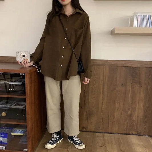 Dark Academia Solid Pocket Shirt - Loose Casual