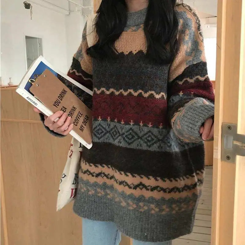 Dark Academia Vintage Striped Sweater - Loose