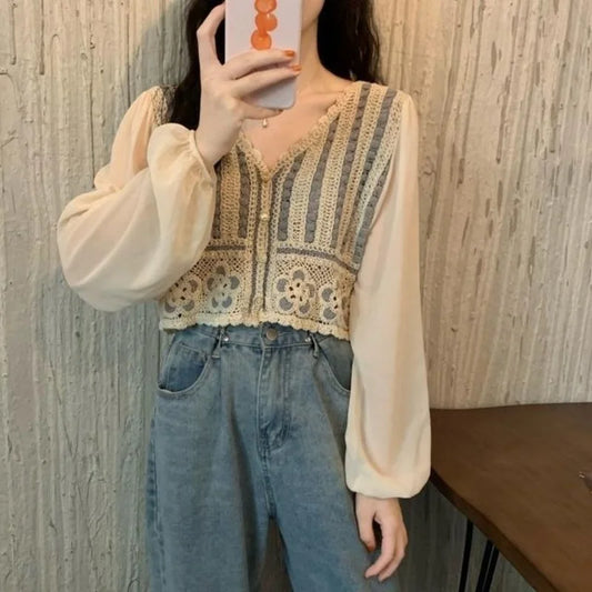 Dark Academia Embroidered Chiffon Blouse - French