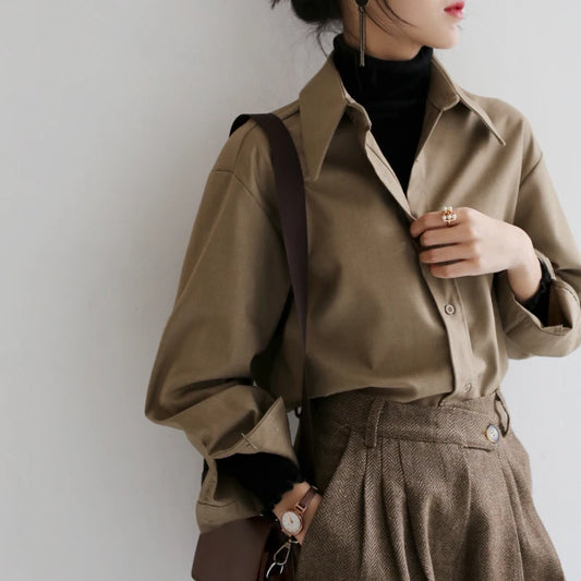 Dark Academia Coffee Blouse - Loose Office Style