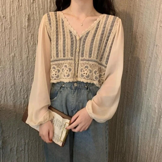 Dark Academia Embroidered Chiffon Blouse - French