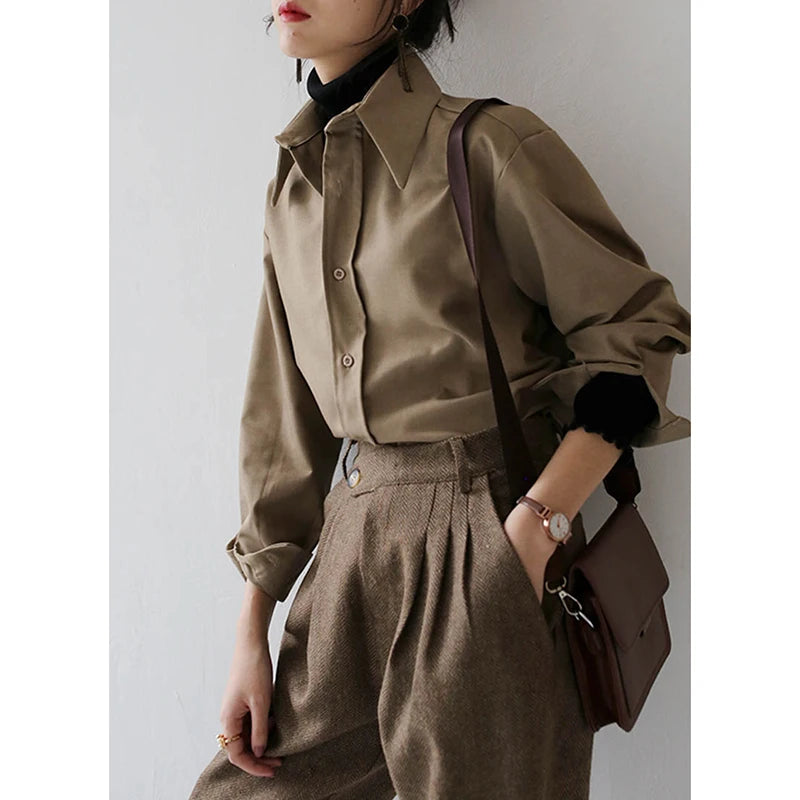 Dark Academia Coffee Blouse - Loose Office Style