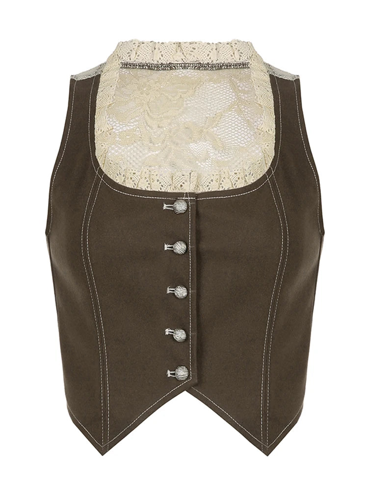 Dark Academia Y2K Lace Tank Top - Brown Vintage