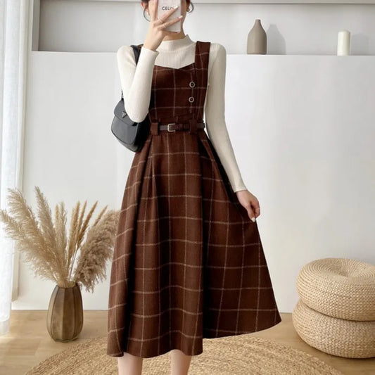Dark Academia Two-Piece Set - Knit Sweater Plaid Dress